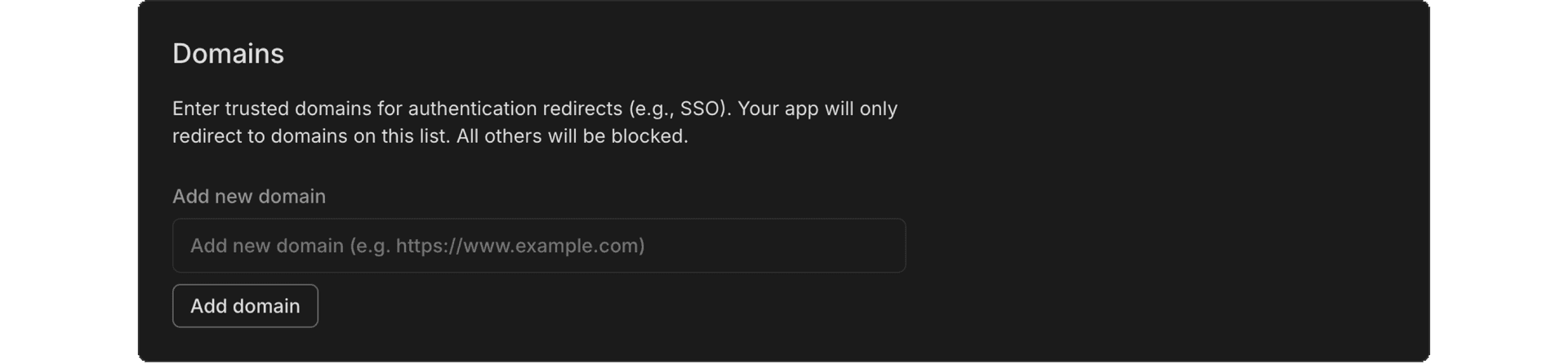 Screenshot showing the Domains section in Neon Auth