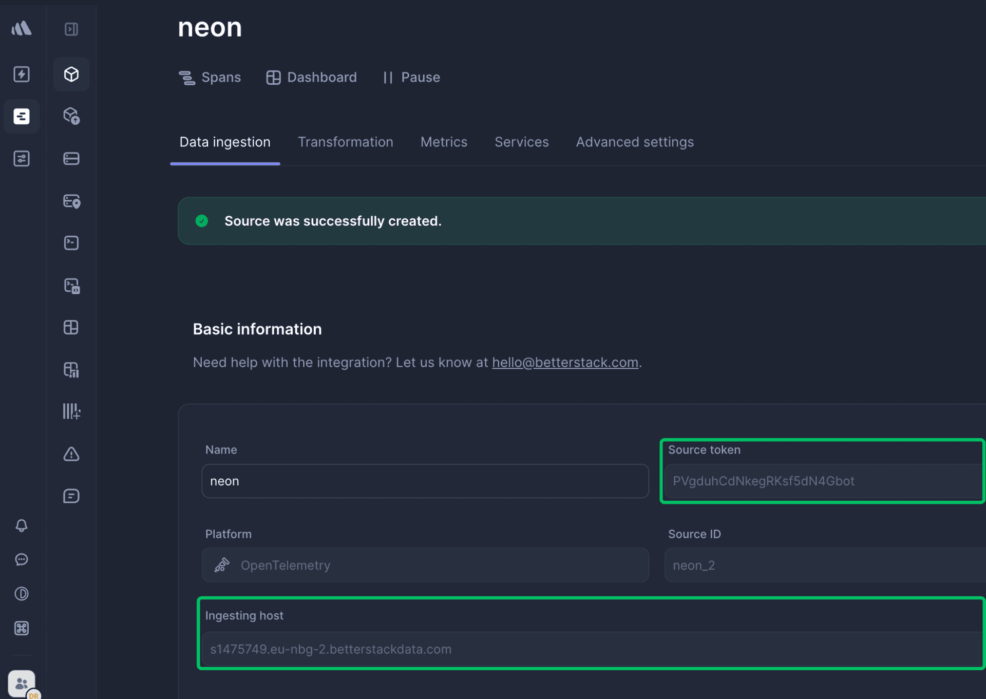 Better Stack source created page with Source token and Ingesting host