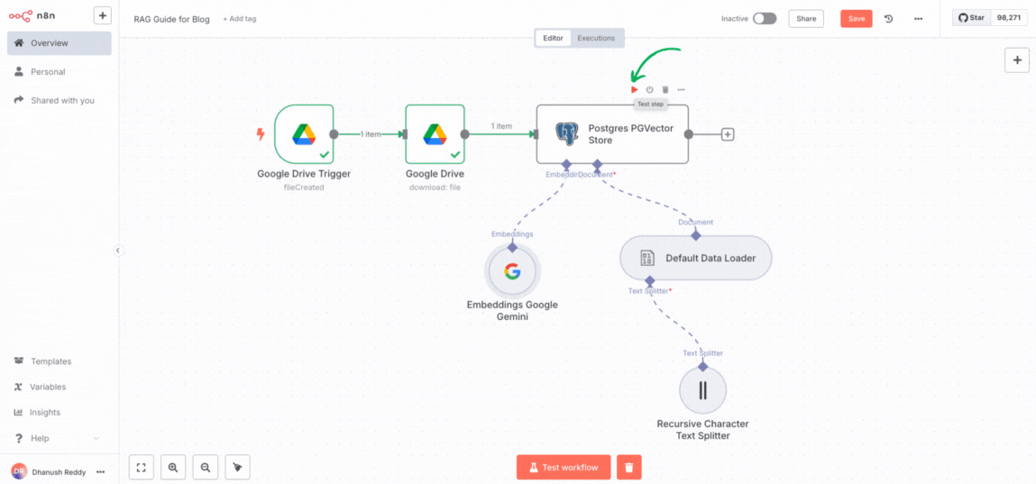 Testing the indexing workflow in n8n